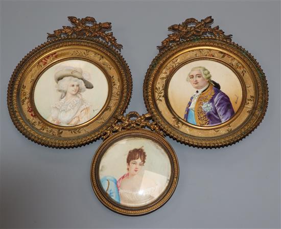 Three early 20th century French oil on ivory miniatures; Lady and gentleman signed Bac/Duval, 8cm and Mmme Recamier, 7cm.